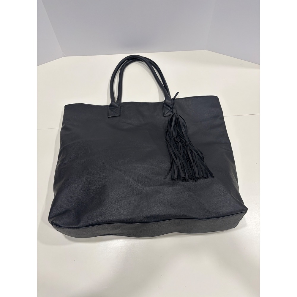 Chico's Black Faux Leather Tote Bag Tassel Oversized Handbag Magnetic Snap Large